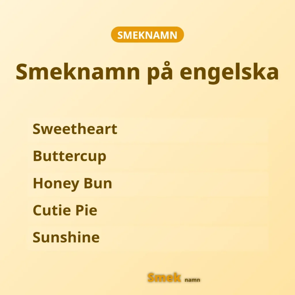 Smeknamn på engelska: Sweetheart, Buttercup, Honey Bun, Cutie Pie och Sunshine